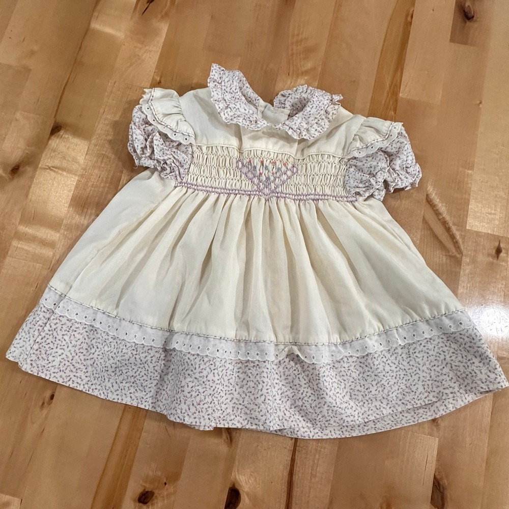 Polly Flinders Hand Smocked Dress Infant 6-9M Ivory Purple Floral Vintage